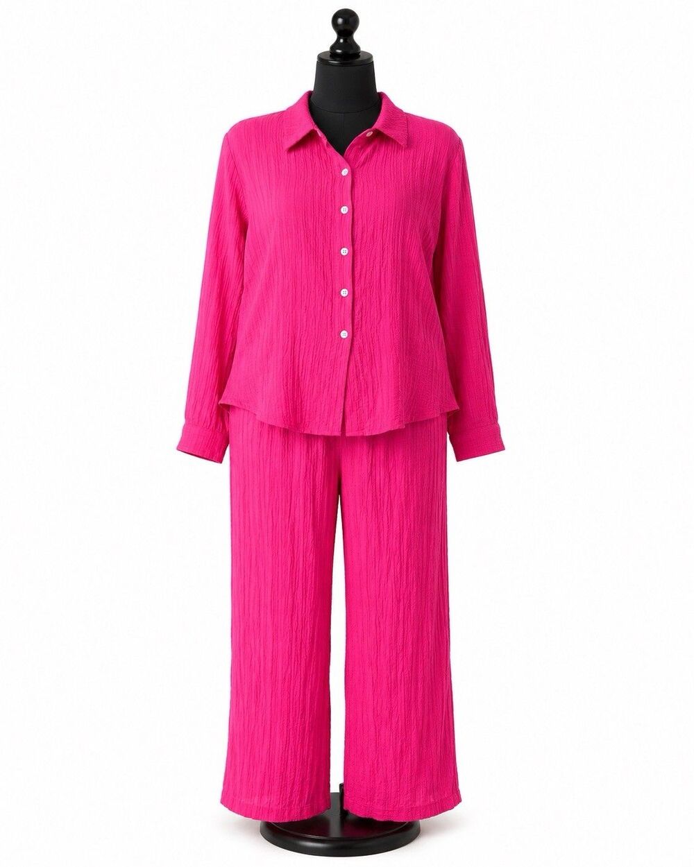Hot Pink Crinkle Textured Co-Ord Set Women’s 2 Piece Button Shirt Pants Size L